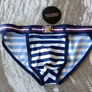 Andrew Christian Navy and White Striped Swim Trunks